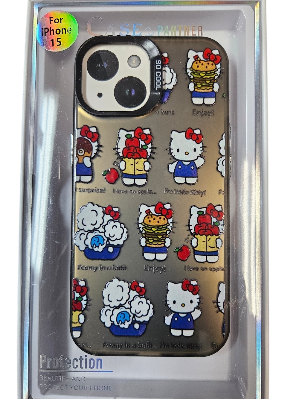 Hello Kitty Pattern Clear iPhone 15 Case - Black